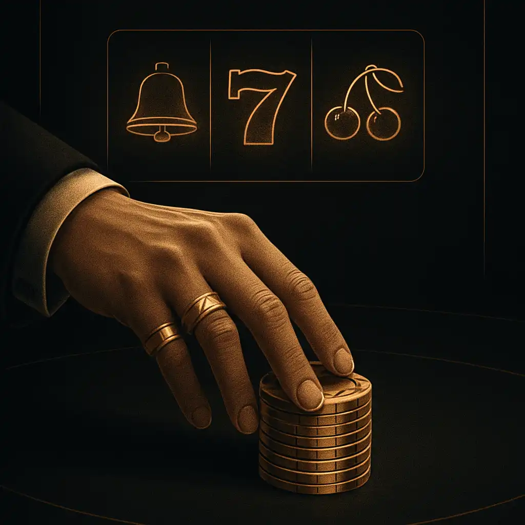 VIP Riderbet Casino dealer surrounded by gold light and spinning slot reels
